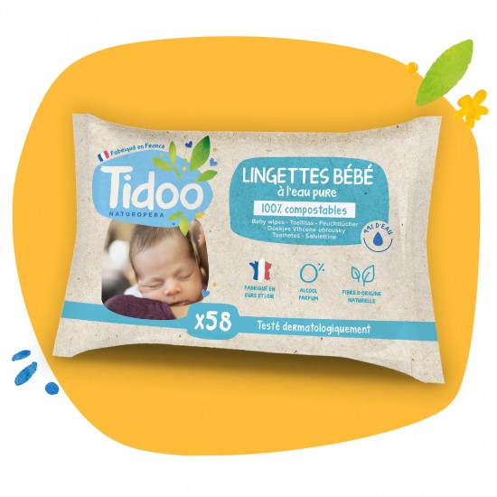 Tidoo Lingettes au Calendula Bio Non Parfumé, compostables, 58 lingettes